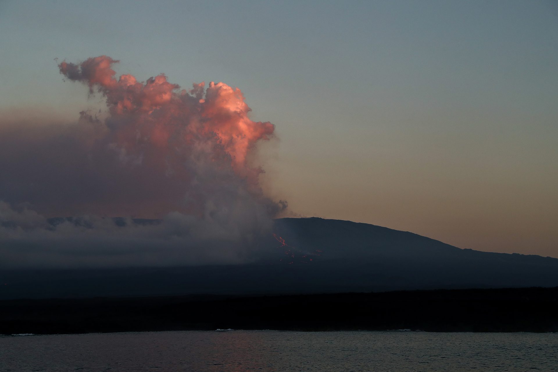 AME5204. ISLAS GALÁPAGOS (ECUADOR), 04/03/2024.- Fotografía de la erupción del volcán La Cumbre este lunes, en la isla Fernandina, en las Islas Galápagos (Ecuador). El volcán Fernandina, situado en las Islas Galápagos (Ecuador), inició un nuevo proceso eruptivo, cuatro años después del último en enero de 2020, según anunció este domingo el Instituto Geofísico de la Escuela Politécnica Nacional de Ecuador en un reporte especial. La erupción de La Cumbre, como también se conoce a este volcán, comenzó el sábado 2 de marzo a las 23:50 hora local (5:50 GMT del domingo 3 de marzo) con la emisión de gas procedente de una fisura circunferencial en la parte alta del flanco suroriental de la isla Fernandina, la más occidental del archipiélago. EFE/José Jácome