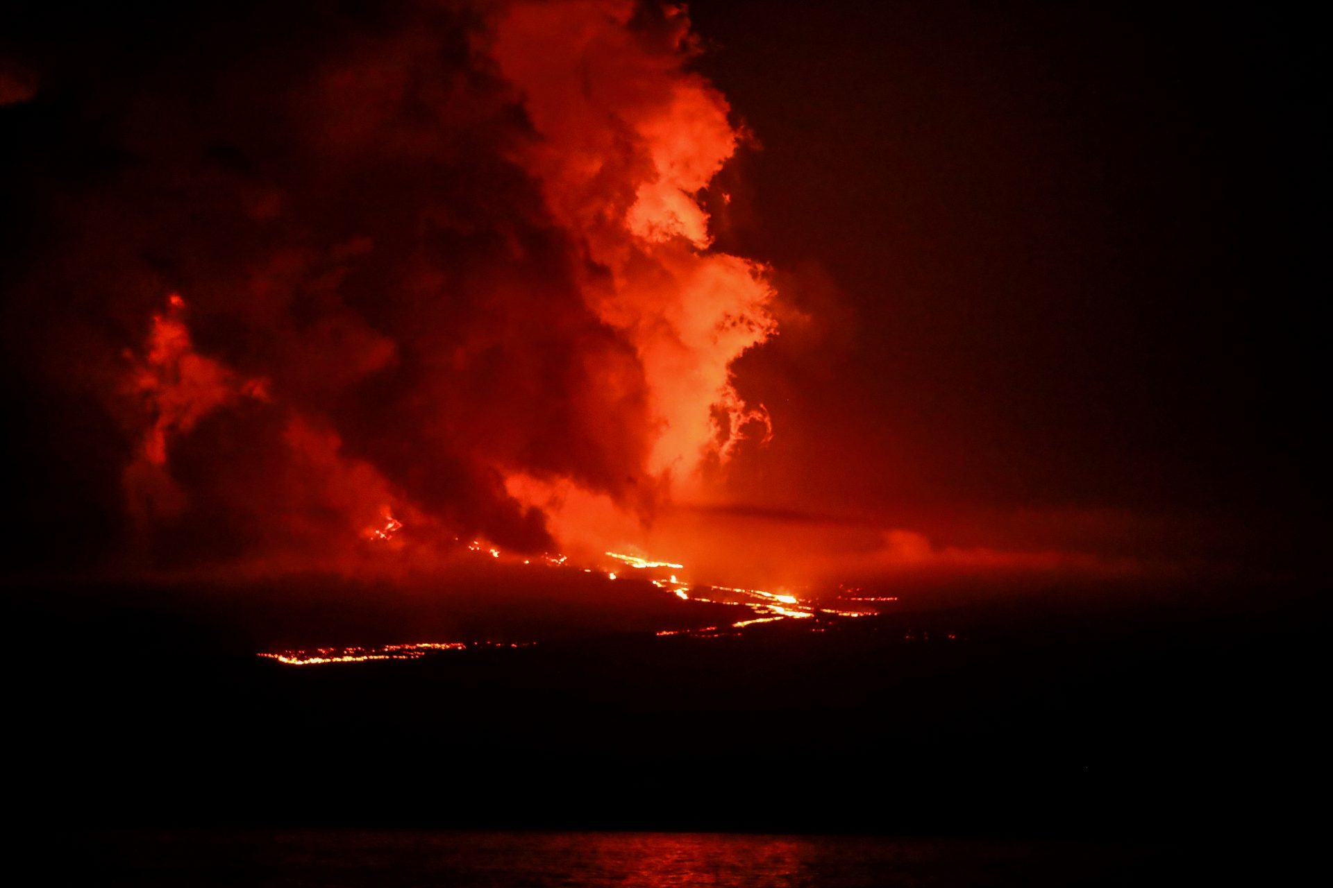AME5204. ISLAS GALÁPAGOS (ECUADOR), 04/03/2024.- Fotografía de la erupción del volcán La Cumbre este lunes, en la isla Fernandina, en las Islas Galápagos (Ecuador). El volcán Fernandina, situado en las Islas Galápagos (Ecuador), inició un nuevo proceso eruptivo, cuatro años después del último en enero de 2020, según anunció este domingo el Instituto Geofísico de la Escuela Politécnica Nacional de Ecuador en un reporte especial. La erupción de La Cumbre, como también se conoce a este volcán, comenzó el sábado 2 de marzo a las 23:50 hora local (5:50 GMT del domingo 3 de marzo) con la emisión de gas procedente de una fisura circunferencial en la parte alta del flanco suroriental de la isla Fernandina, la más occidental del archipiélago. EFE/José Jácome