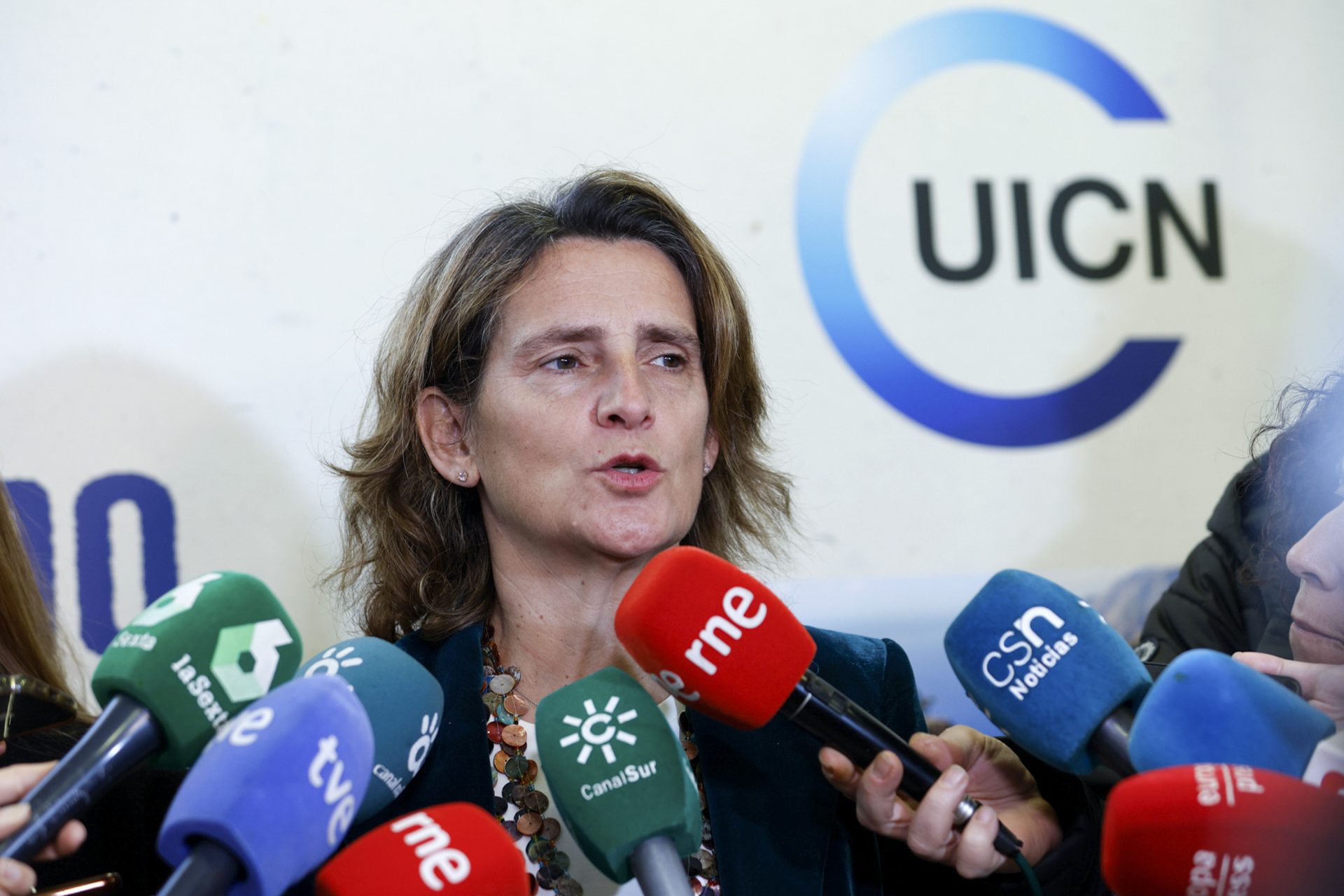 La vicepresidenta tercera del Gobierno y ministra para la Transición Ecológica y el Reto Demográfico, Teresa Ribera, antes de su visita al Centro de Cooperación del Mediterráneo de la Unión Internacional para la Conservación de la Naturaleza (UICN). EFE/Daniel Pérez