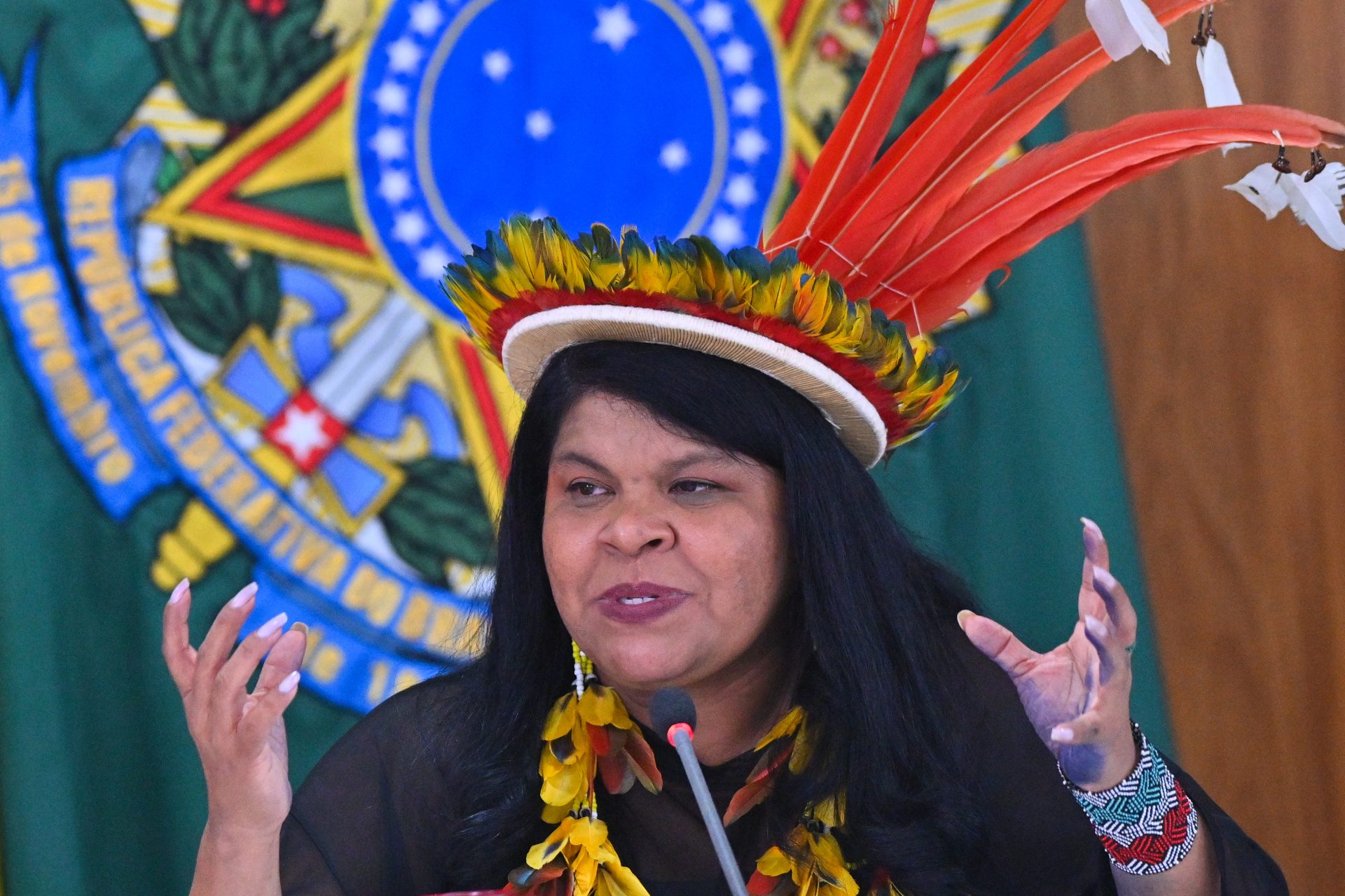 AME673. BRASILIA (BRASIL), 26/04/2024.- La ministra de los Pueblos Indígenas de Brasil, Sonia Guajajara, habla durante una reunión con líderes indígenas del Acampamento Terra Livre (Campamento Tierra Libre), el 25 de abril de 2024 en el Palacio del Planalto en Brasilia (Brasil). Líderes indígenas de toda Latinoamérica se han reunido esta semana, en Brasilia, para defender los derechos de los pueblos originarios y crear una agenda conjunta para la COP30, que incluye desde la demarcación de tierras hasta una transición energética equitativa, explicaron a EFE participantes del Campamento Tierra Libre. EFE/Andre Borges