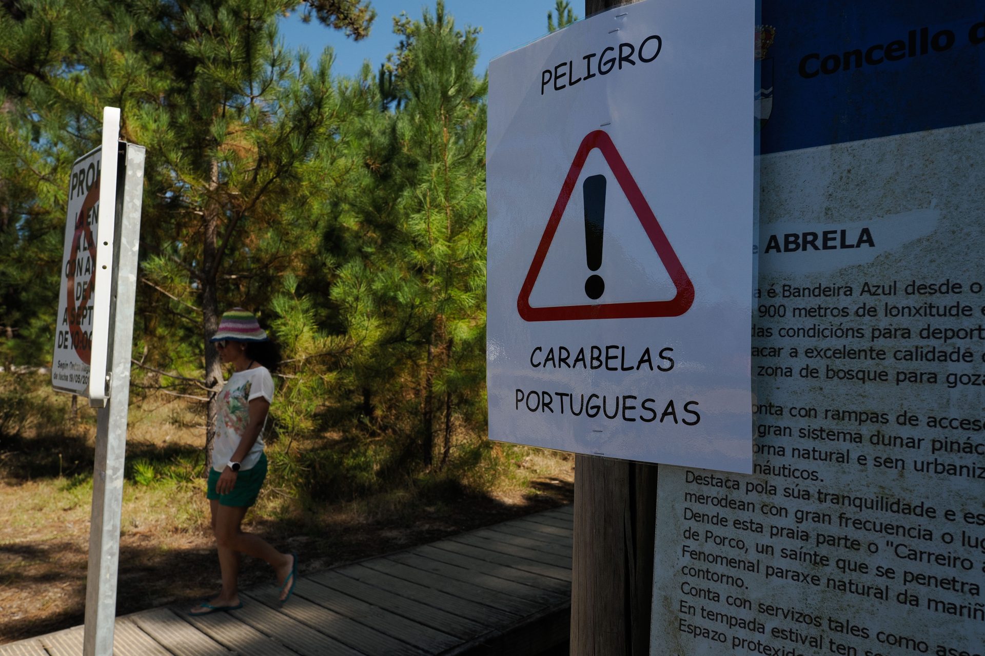 Aviso en la playa de Abrela en O Vicedo, Lugo. EFE/ Eliseo Trigo