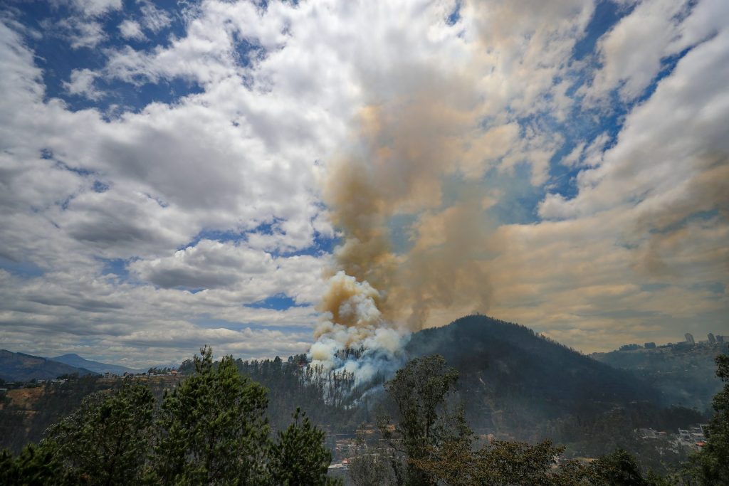 AME2515. QUITO (ECUADOR), 25/09/2024.- Fotografía de un incendio forestal este miércoles, en Quito (Ecuador). El Ministerio de Educación de Ecuador dispuso que se extienda por otras 48 horas las clases a distancia en la capital Quito, debido a los incendios forestales que afectan a una zona del norte de la ciudad, que han contaminado el aire en la ciudad. EFE/José Jácome