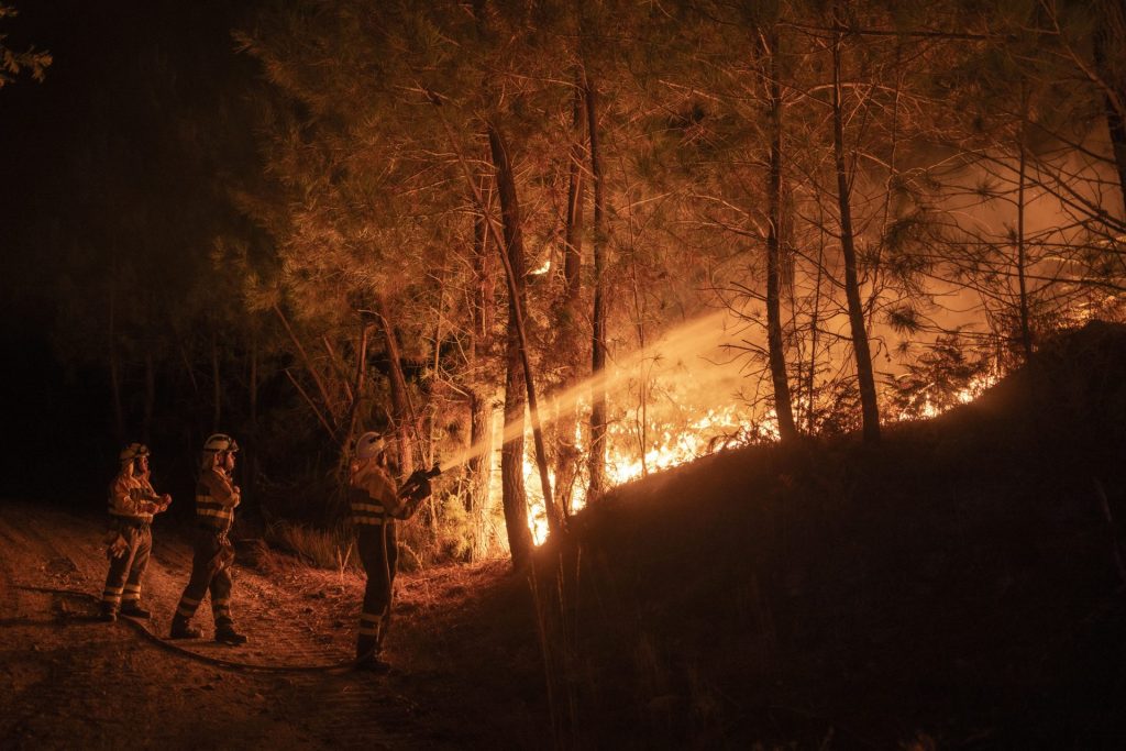 OÍMBRA (OURENSE), 06/09/2024.- Bomberos forestales trabajan anoche en las labores de extinción de un incendio forestal declarado en Oímbra (Ourense). Un incendio forestal registrado esta noche pasadas las 21:30 horas se encuentra activo en el municipio ourensano de Oímbra y, por el momento, continúa su avance, tras amenazar a una granja de porcino. EFE/ Brais Lorenzo