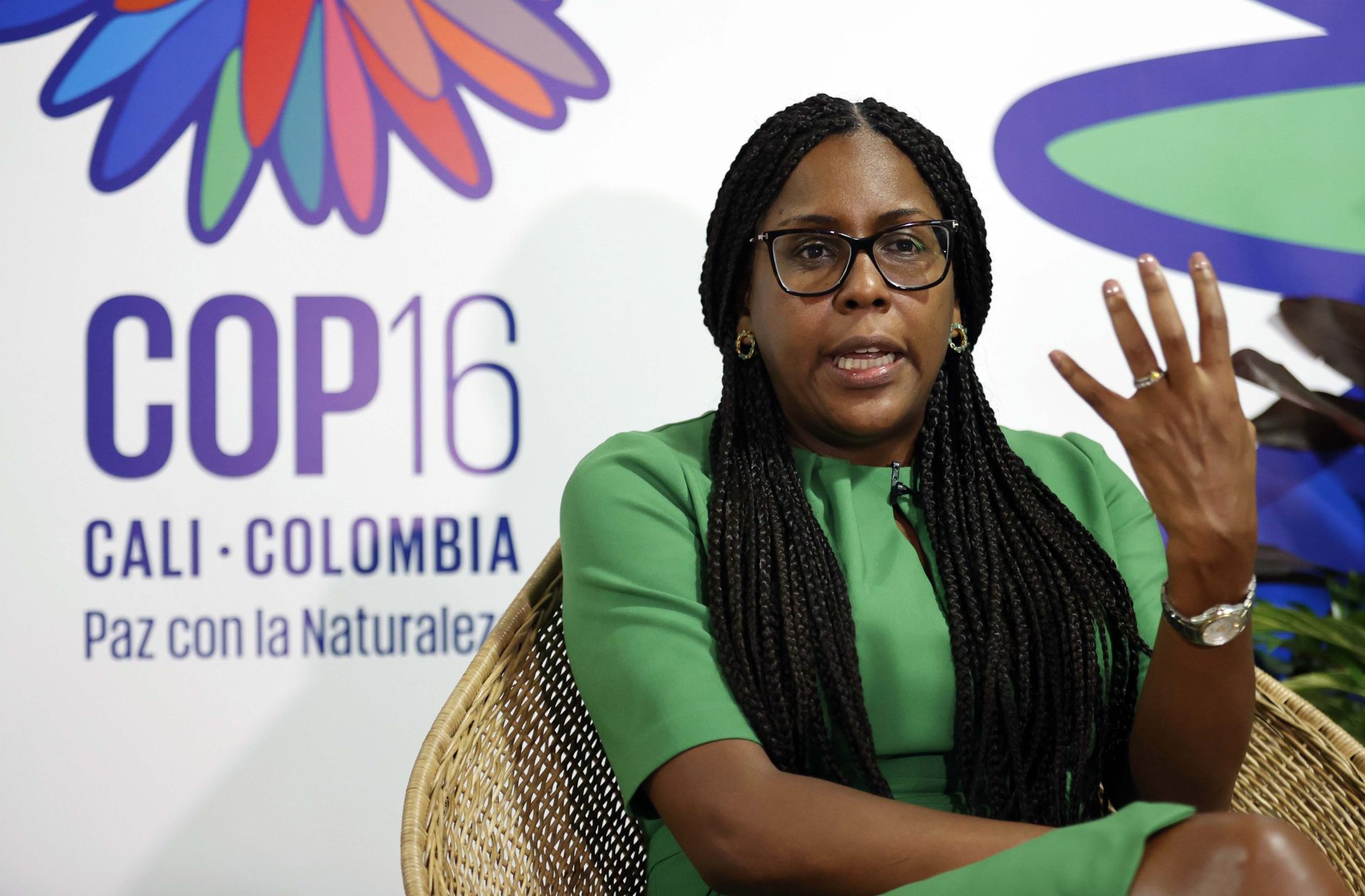 AME9988. CALI (COLOMBIA), 23/10/2024.- La negociadora principal de la delegación colombiana durante la COP16, Jenny Bowie, habla durante una entrevista con EFE, este martes en Cali (Colombia). Colombia es "optimista" con los resultados de las negociaciones de la COP16, aunque es consciente de que se llega a Cali con "una agenda bastante pesada, grande, y con mucha necesidad de decidir", algo que podría dificultar el éxito de la cumbre, explica en una entrevista con EFE Jenny Bowie, negociadora principal de la delegación colombiana. EFE/ Mauricio Dueñas Castañeda