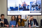 Paris (France), 16/10/2024.- Lamya Essemlali (C-R) president of Sea Shepherd France, shows a photo taken during an operation against a Japanese whaler, during a press conference with Watson's lawyers Jean Tamalet (L), Rachel Lindon (2-L) and William Julie (R) in Paris, France, 16 October 2024. Canadian ecologist activist Paul Watson, 73, was arrested on 21 July 2024 after an international arrest warrant issued by Japanese authorities following an operation against a whaling ship. (Francia, Japón) EFE/EPA/CHRISTOPHE PETIT TESSON