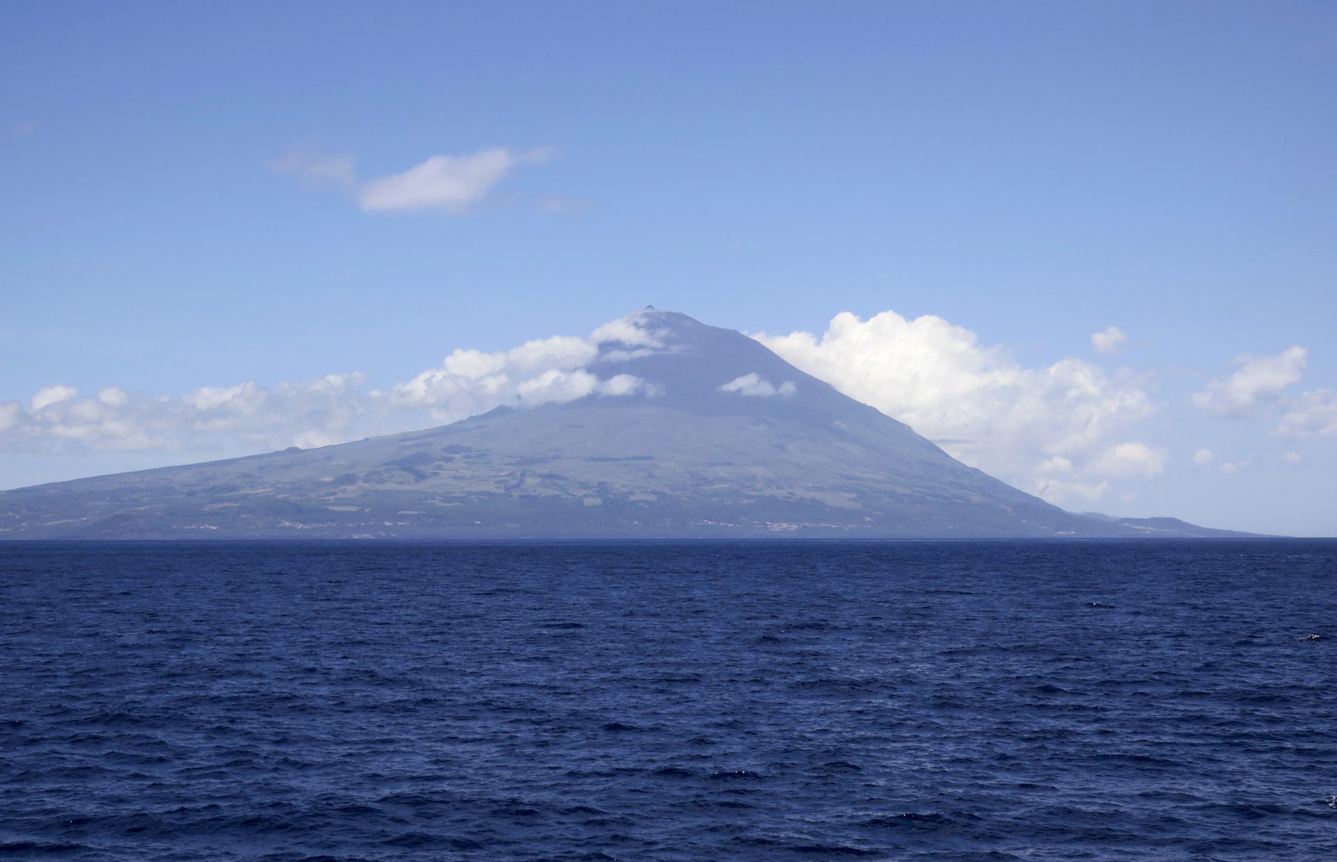 GRAF9286. A BORDO DEL ESPERANZA (PORTUGAL), 05/07/2019.- Vista de la isla de Pico, en Azores, desde el buque Esperanza de la organización Greenpeace. Para saber un poco más sobre el ecosistema de este archipiélago portugués, un equipo del Instituto del Mar de la Universidad de Azores se ha embarcado en una expedición a bordo del buque Esperanza de Greenpeace. EFE/ Paula Fernández