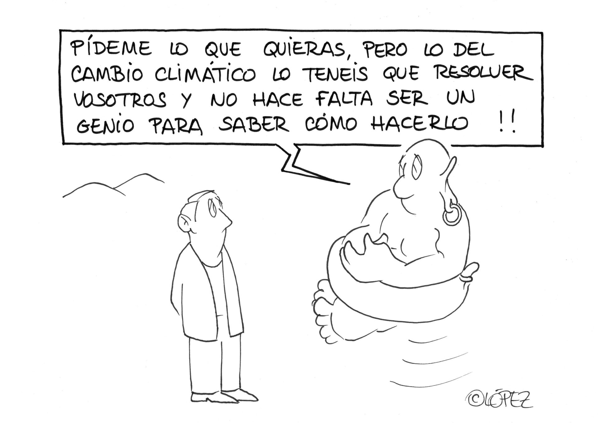 Pide un deseo (pero no hace falta ser un genio).  Viñeta ambiental por Juan López Rico (#López) en la bitácora de humor gráfico ambiental #VivalaBagatela en @efeverde