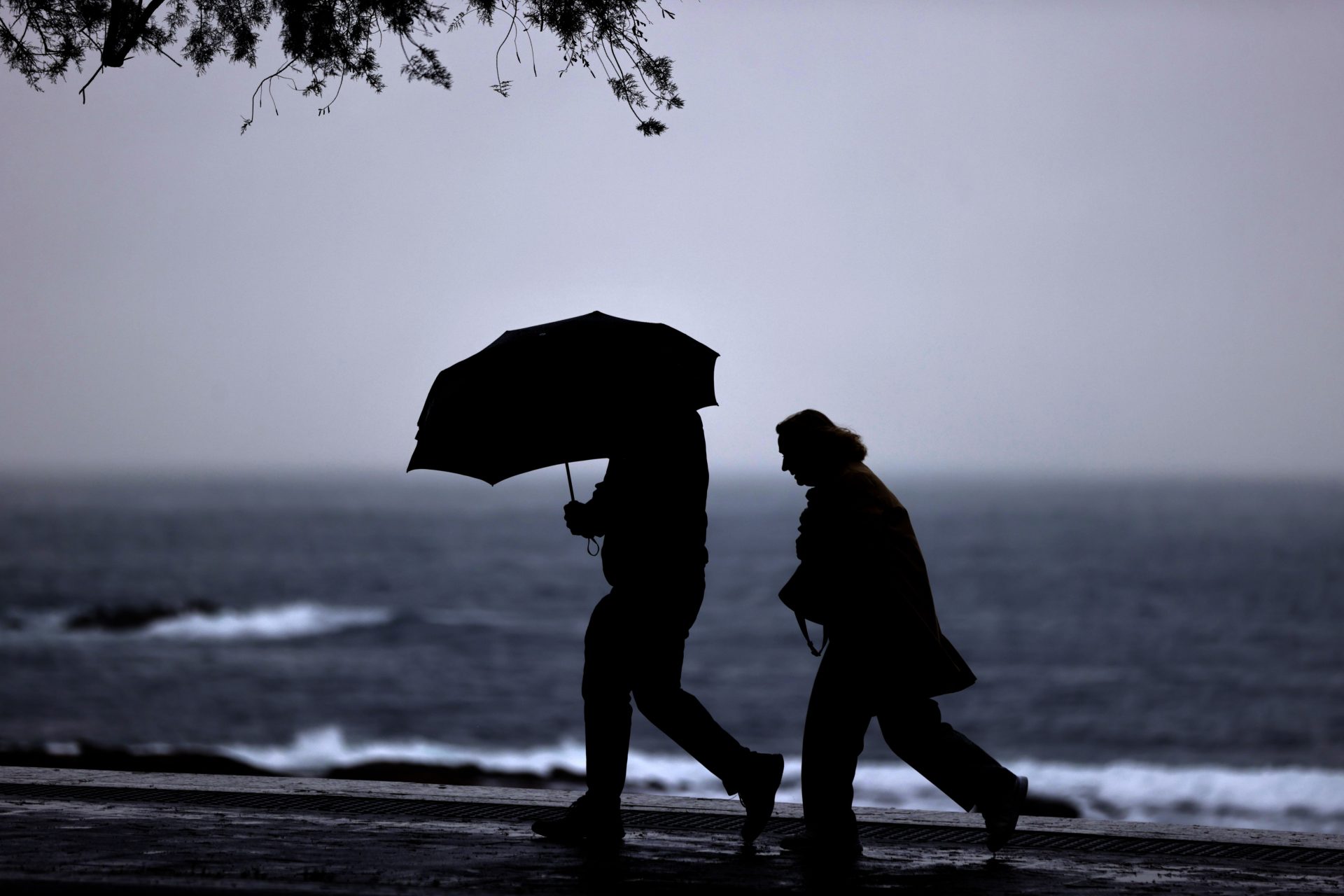 Dos personas caminan este miércoles por el paseo marítimo de A Coruña, donde los efectos del antiguo huracán Kirk no se han hecho notar con intensidad, aunque sí han sido cerrados los parques y playas de la ciudad. La borrasca Kirk que atraviesa hacia el noreste de Europa se situará el miércoles sobre el noroeste peninsular acompañada de rachas de viento de hasta 120 km/h y precipitaciones en casi toda la Península, pudiendo ser copiosas, fuertes o persistentes en el Pirineo, área cantábrica, Sistema Central y Galicia. EFE/ Cabalar