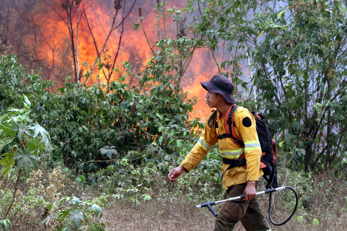 Fotografía de archivo de un bombero que trabaja apagando un incendio en la comunidad de Palestina (Bolivia). EFE/ Juan Carlos Torrejón
