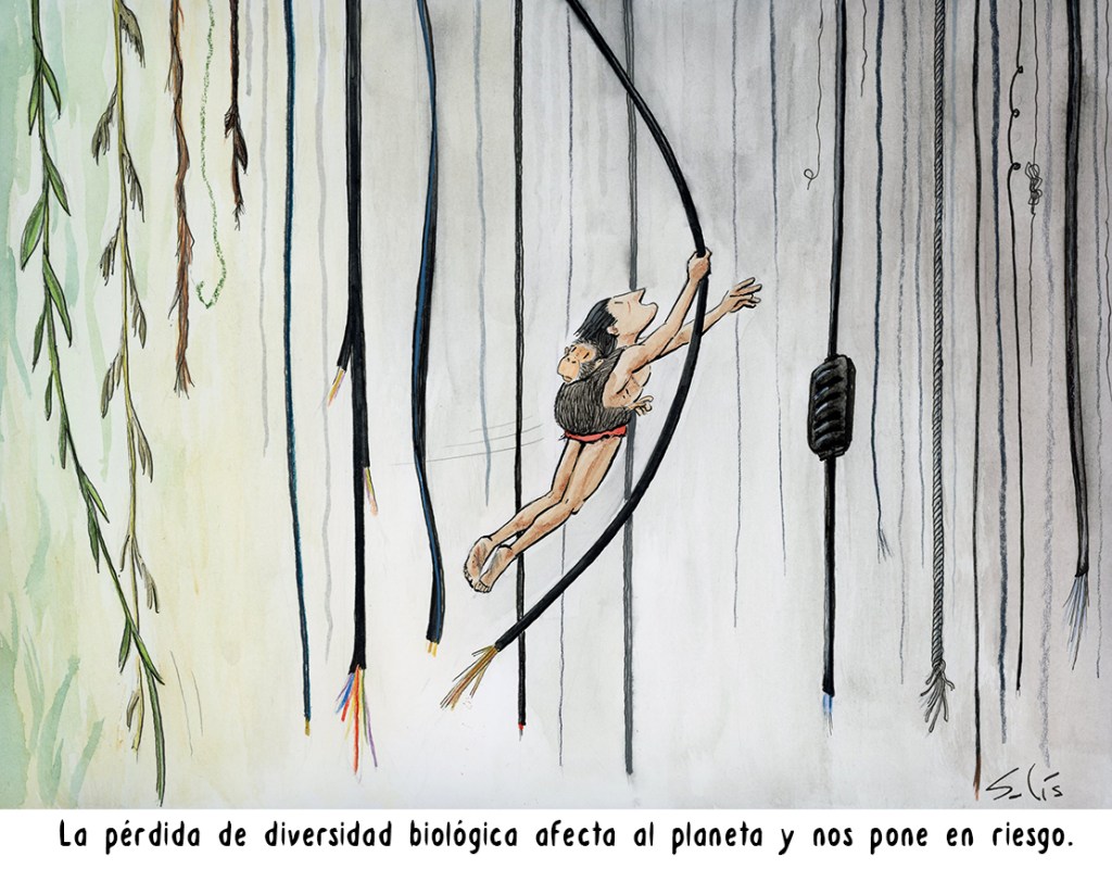 Salto... tecnológico (Dia de la -perdida- de diversidad biológica). Por () Víctor Solís (@Visoor) desde Ciudad de México en la #ViñetaVerde de @EFEverde