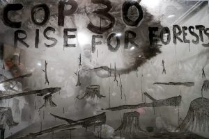 The artist Mundano intervenes in the installation 'Ashes of the Forest' a work created in collaboration with the NGO Greenpeace and presented in the Blue Zone at COP30 in Belem, Brazil, 18 November 2025. The work seeks to demand that global leaders adopt a five-year forest action plan to halt and reverse deforestation by 2030. EFE/ Fraga Alves