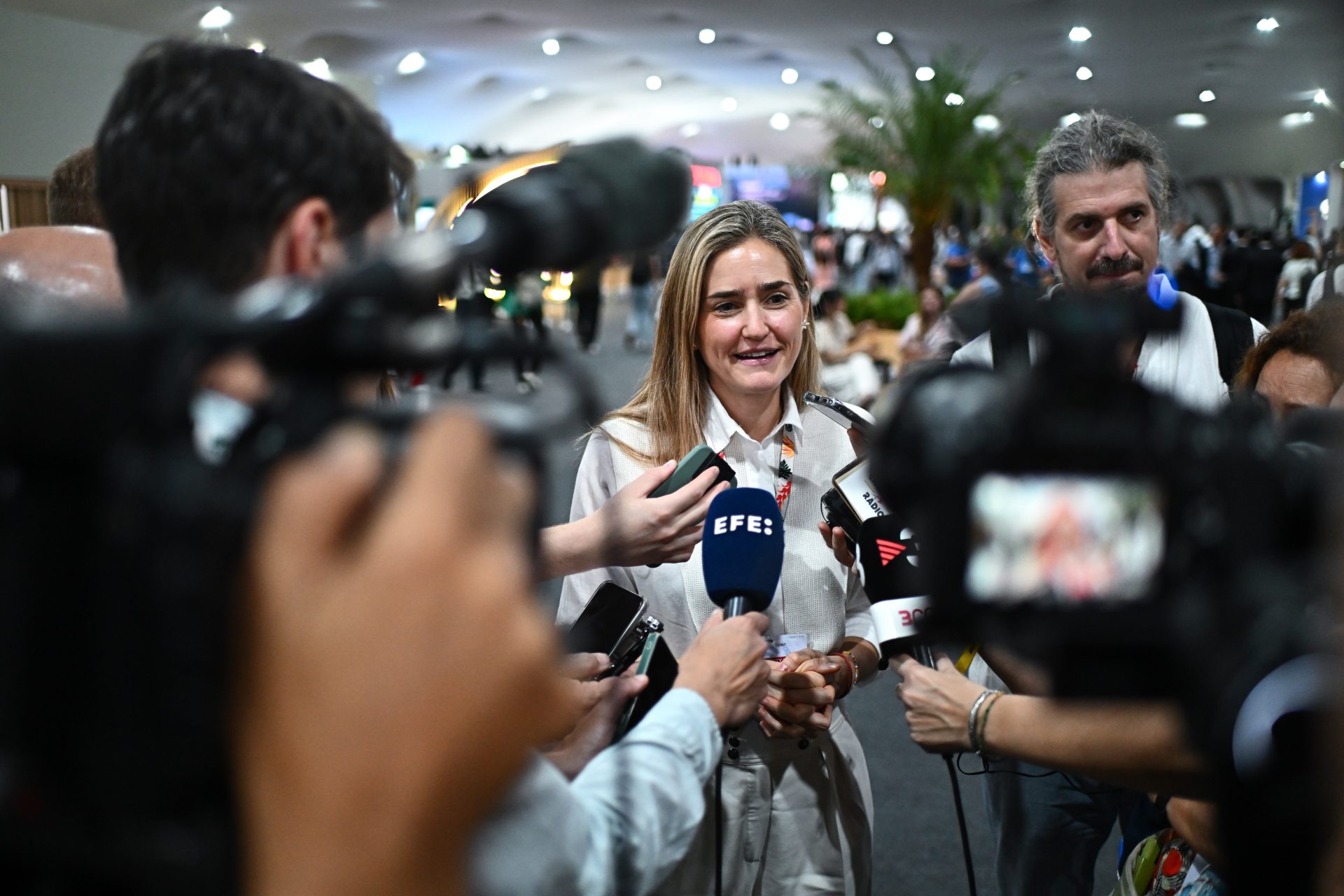 Spain's Third Vice President and Minister for Ecological Transition, Sara Aagesen, speaks at a press conference at the Hangar Convention Center where COP30 is being held, in Belém, Brazil, 19 November 2025. “We expect participation not only from governments, but also from civil society and businesses, which are also joining this initiative to show that, from a multilateral perspective, it is also possible to move forward with coordinated initiatives in industrial decarbonization,” said Aagesen. EFE/ Andre Borges