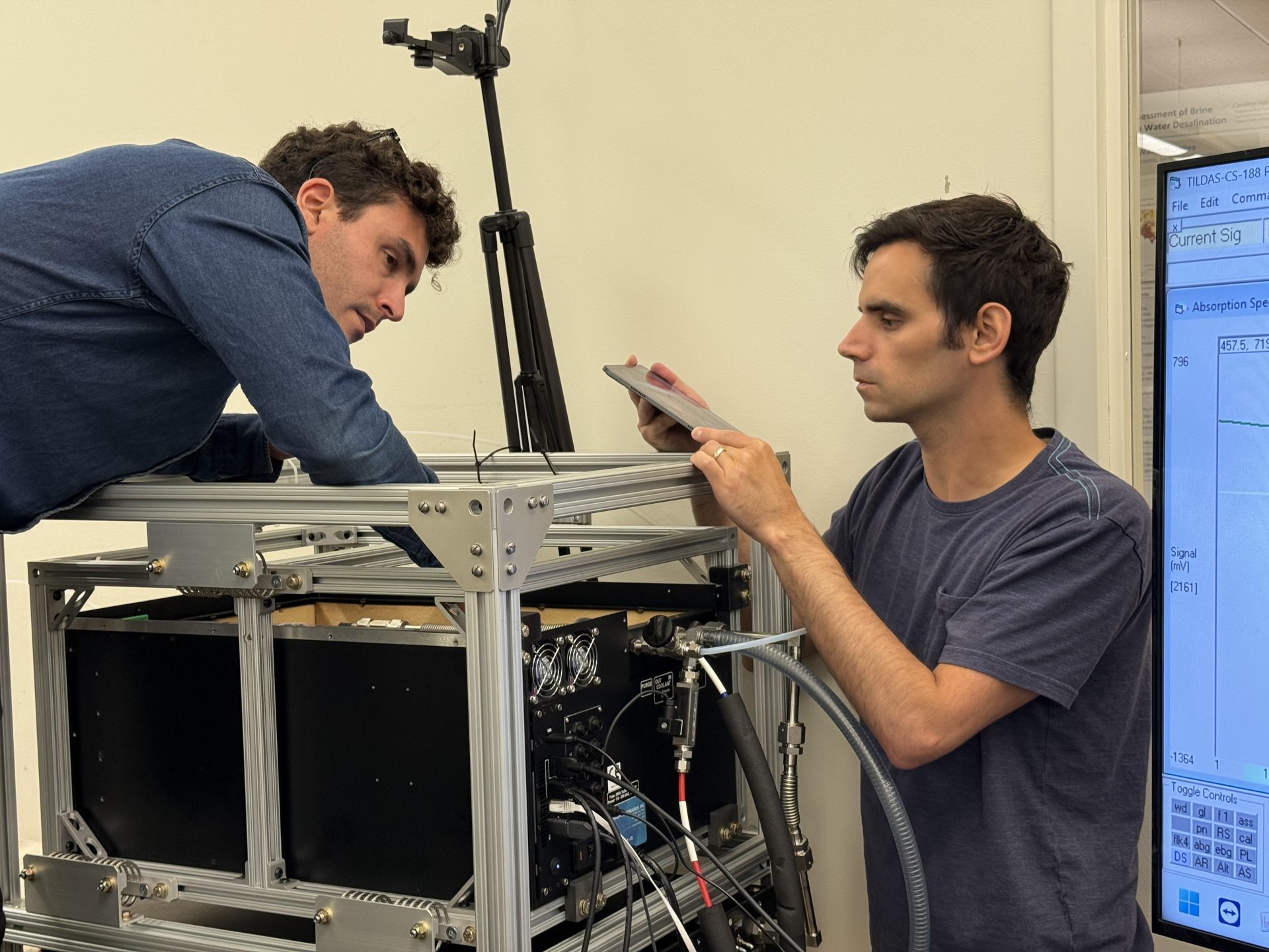 Los investigadores Yannai Kashtan y Colin Finnegan prueban un analizador de hidrógeno utilizado para detectar y cuantificar las emisiones en el nuevo estudio. Crédito: Rob Jackson