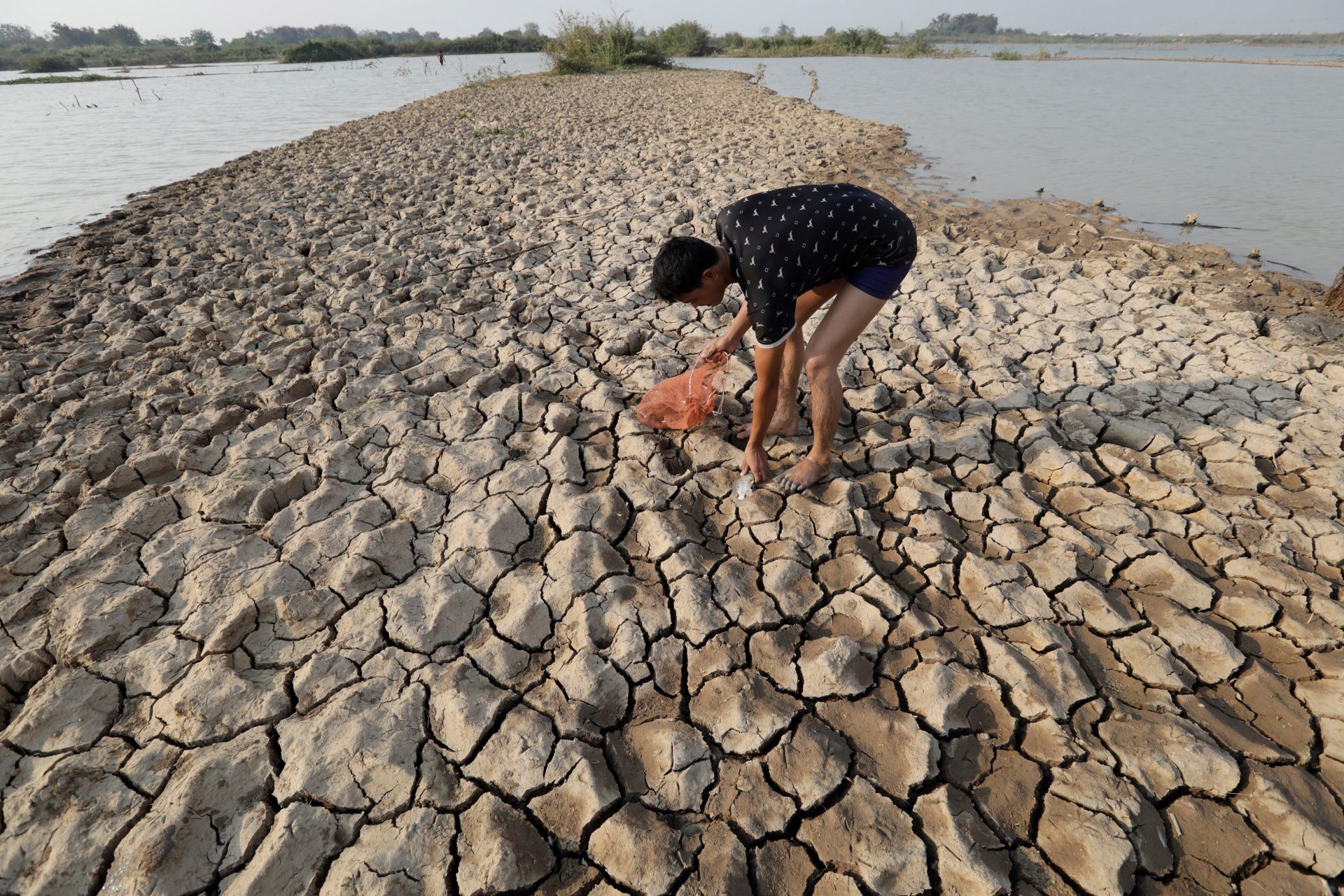 Imagen de archivo de un camboyano cazando un pescado, a las afueras de Nom Pen, Camboya, en medio de una sequía debido a los efectos del fenómeno climático "El Niño". EFE/ Mak Remissa