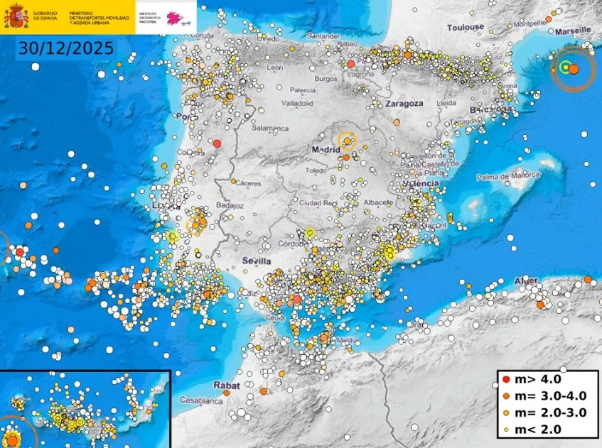 7.987 terremotos registrados en la Península Ibérica y Canarias a lo largo de 2025. © Instituto Geográfico Nacional