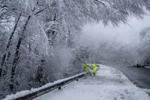 XUNQUEIRA DE ESPADAÑEDO (OURENSE), 24/01/2026.- Unos operarios retiran nieve de los árboles en la carretera OU-536, a su paso por el municipio de Xunqueira de Espadañedo (Ourense), este sábado. La borrasca Ingrid continúa en el país dejando nevadas en cotas muy bajas, tormentas en muchos puntos de la península y grandes olas en las costas del norte, además de en Canarias y en zonas de Almería. EFE/Brais Lorenzo