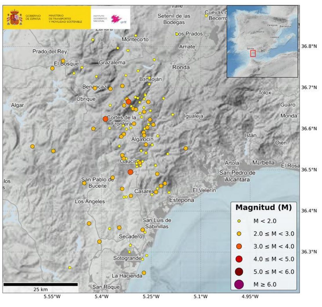 Mapa de sismicidad localizada en la zona epicentral desde el 03/02/2026 hasta la fecha de actualización del informe. © Instituto Geográfico Nacional