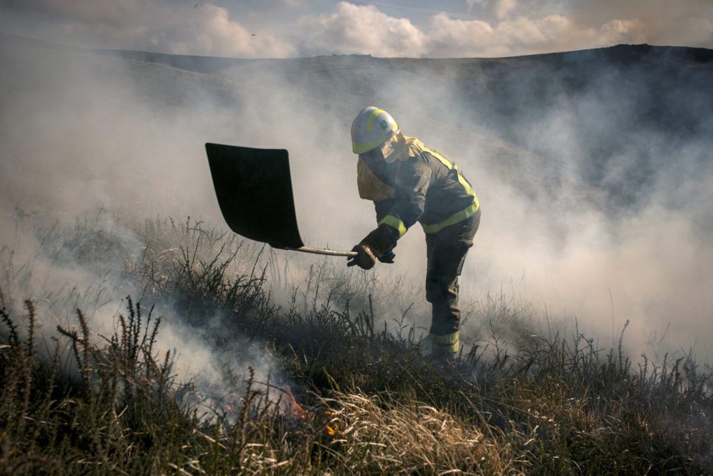 GRAF4889. PADRENDA (OURENSE), 27/02/2019.- Un agente forestal trabaja en labores de extinción del incendio declarado esta mañana en el municipio orensano de Padrenda en zona de la Red Natura, una área protegida. La Consellería do Medio Rural ha dado por estabilizado este incendio procedente de Portugal, y cuya superficie calcinada ha elevado a 150 hectáreas, según los últimos datos. EFE/ Brais Lorenzo