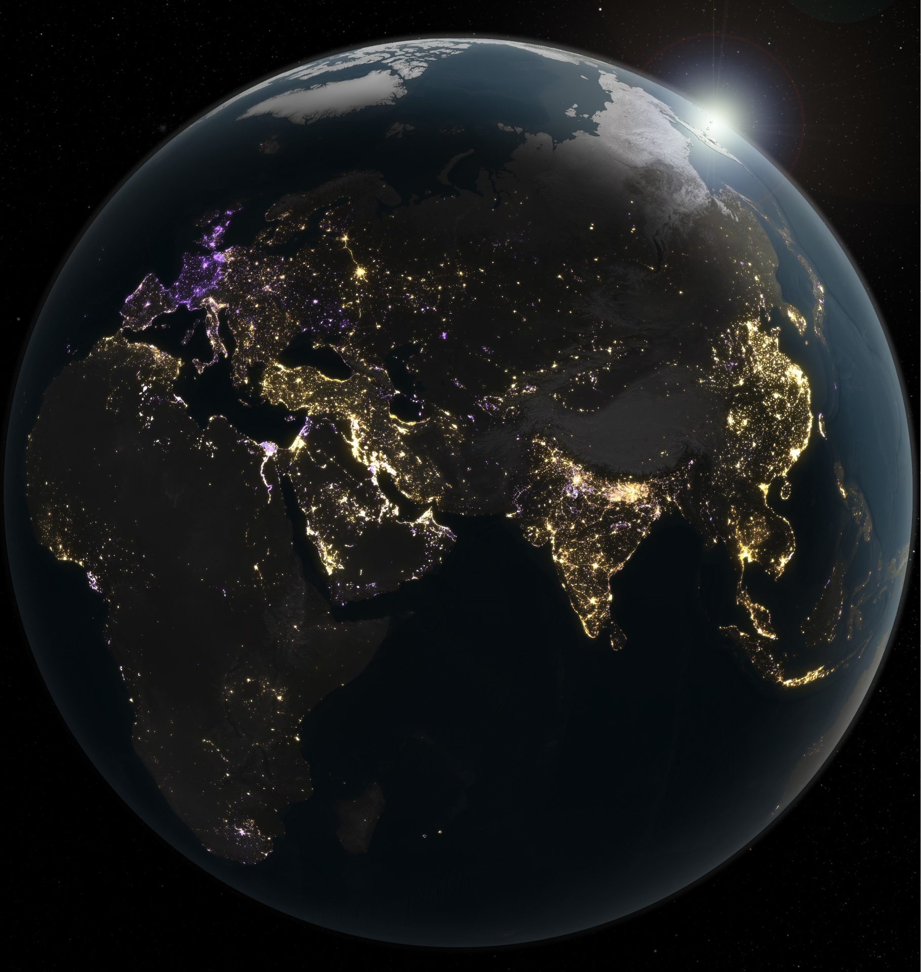 Imagen nocturna de la Tierra que capta la actividad humana del planeta a través de las emisiones de luz artificial. Elaborada a partir de imágenes satelitales tomadas diariamente durante la última década, la imagen muestra la dinámica de la actividad humana nocturna: las zonas doradas indican un aumento de la luminosidad, las zonas moradas, una disminución, y las zonas blancas, ambos fenómenos. Crédito: Michala Garrison/Observatorio de la Tierra de la NASA