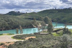 AZNALCÓLLAR (SEVILLA), 10/03/2026.- Imagen del contraembalse del Agrio, en Aznalcóllar (Sevilla), teñido de verde, tras las últimas lluvias, por las filtraciones de metales acumulados en la escombrera de la mina de la localidad, lo que provoca la intensa tonalidad verde que se puede apreciar esta semana. EFE/Fermín Cabanillas
