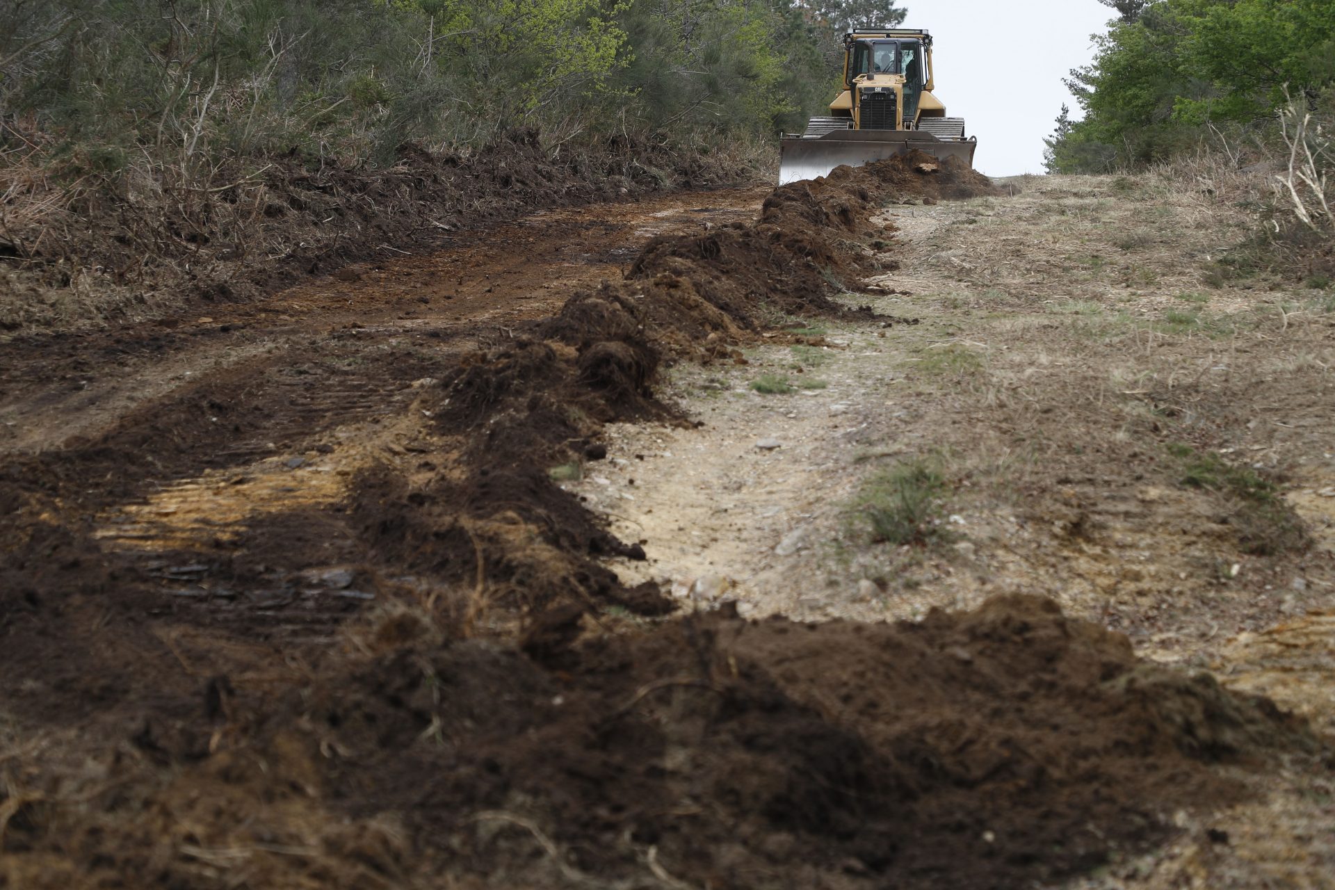 Vista del dispositivo que trabaja en Galicia denominadas unidades batracio, equipadas con maquinaria pesada como tractores, trituradoras, cisternas y buldócers y especializadas en zonas de montaña, donde la orografía complica el acceso al terreno. EFE/ Eliseo Trigo 