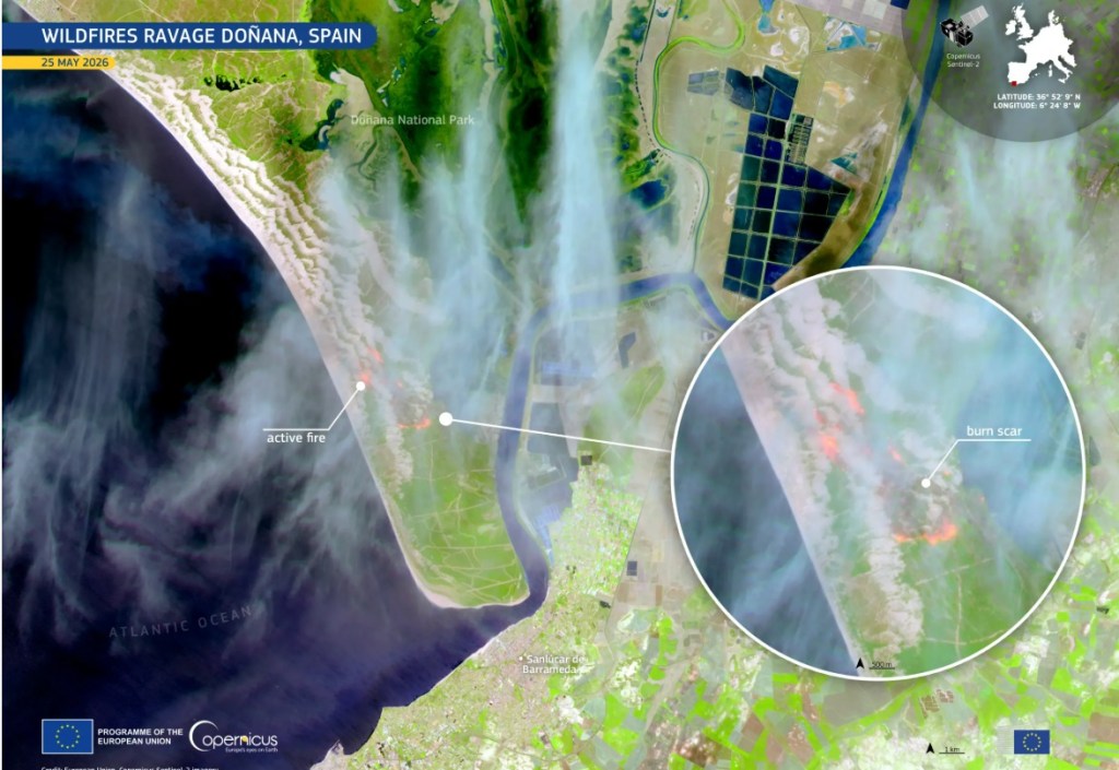 SEVILLA, 27/05/2026.- Imágenes tomadas por el satélite Copernicus Sentinel-2 que muestran los dos incendios forestales que se declararon entre el 24 y el 25 de mayo de 2026 en el Parque Nacional de Doñana. El consejero de Sanidad, Presidencia y Emergencias de Andalucía, Antonio Sanz, ha apuntado, a la espera del resultado de las investigaciones, que el origen del incendio que afecta al Parque Nacional de Doñana pudo ser intencionado pero sin relación con la romería del Rocío. EFE/Unión Europea/SOLO USO EDITORIAL/SOLO DISPONIBLE PARA ILUSTRAR LA NOTICIA QUE ACOMPAÑA (CRÉDITO OBLIGATORIO)