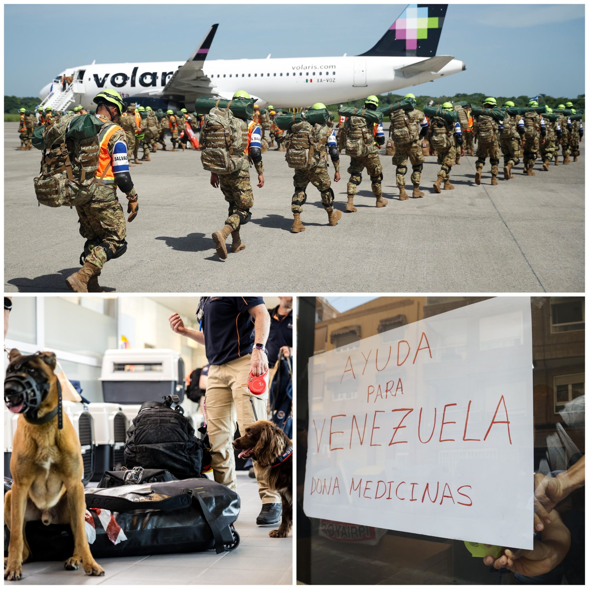 Combo de fotografías de la ayuda internacional a Venezuela, desde El Salvador, Países Bajos y Alicante. EFE/ Rodrigo Sura, EFE/EPA/ROB ENGELAAR, EFE/Morell