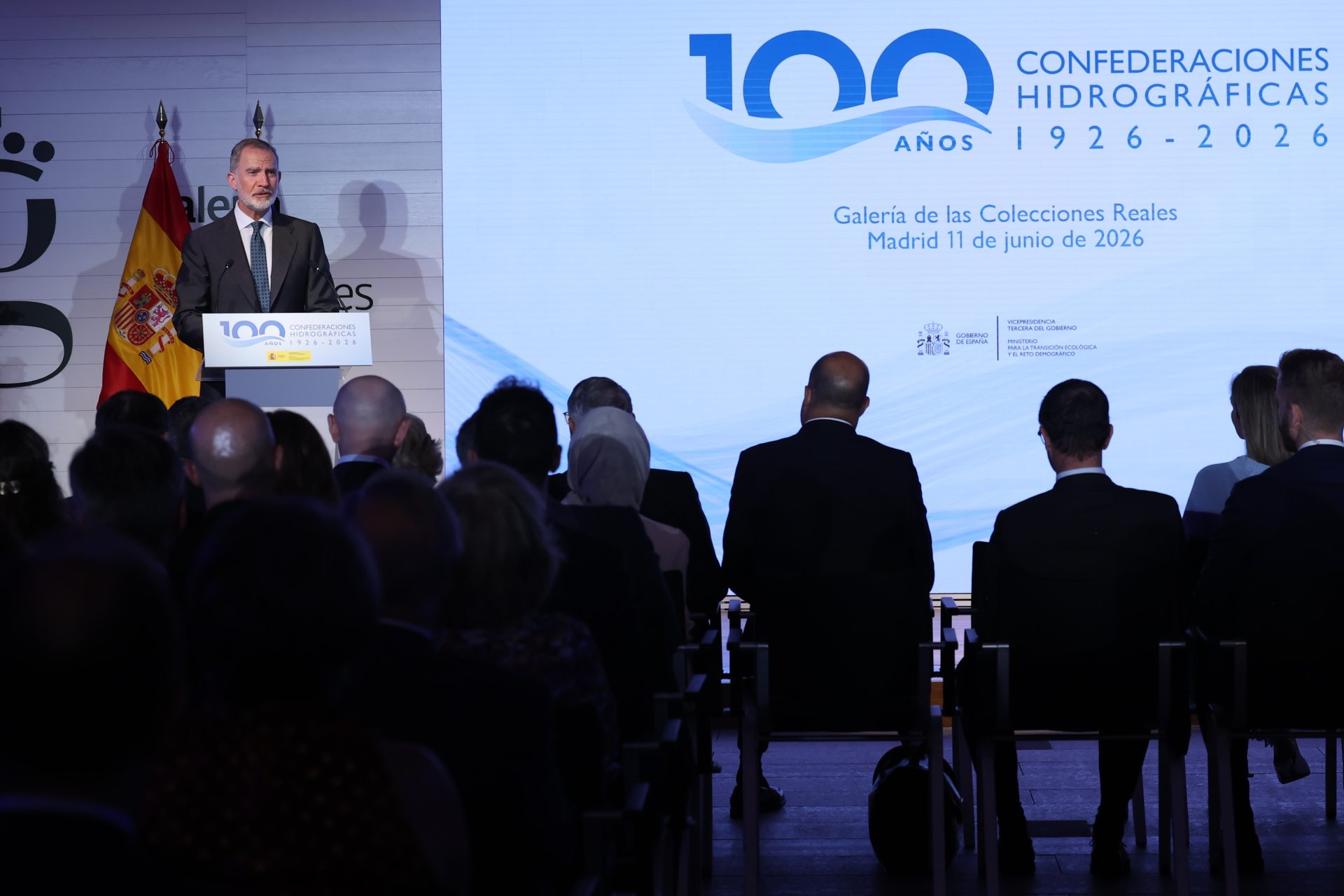 MADRID, 11/06/2026.- El rey Felipe VI, interviene durante el acto conmemorativo de la celebración del Centenario de la creación de las Confederaciones Hidrográficas, este jueves en la Galería de las Colecciones Reales, en Madrid. EFE/ Kiko Huesca