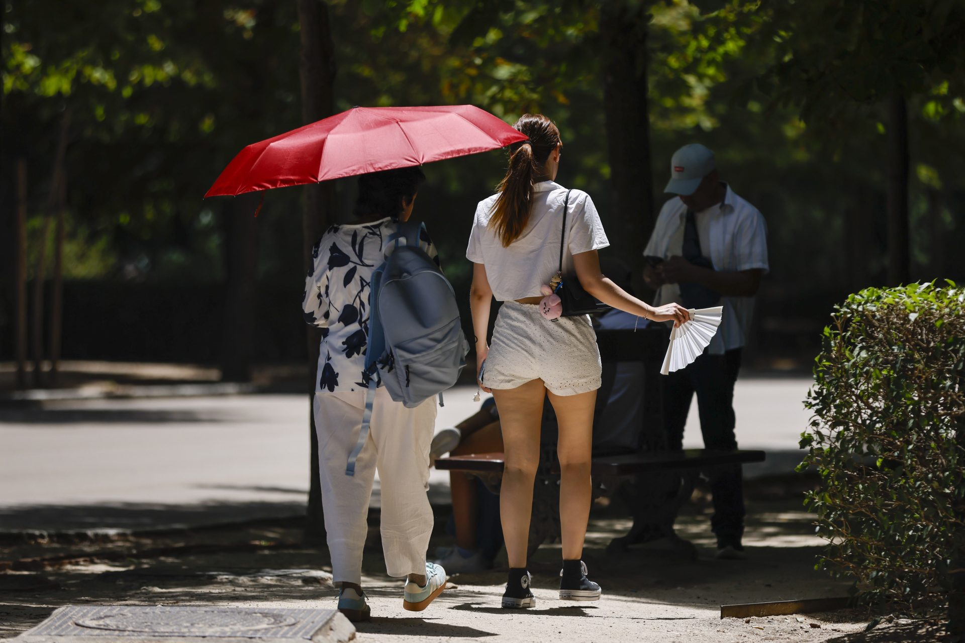 MADRID, 23/06/2026.- Dos mujeres se protegen del calor en el Parque del Retiro, este martes. La primera ola de calor del verano llevará este martes los termómetros hasta los 44 grados en amplias zonas de España, en el día más extremo del episodio, y antes de un ligero alivio térmico previsto a partir del miércoles. EFE/ Marcos Villaoslada