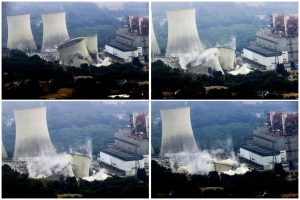 Han bastado minutos para la desaparición este jueves a partir de las cuatro de las 4 torres de refrigeración de la térmica de Endesa en As Pontes (A Coruña) y así España continúa despidiéndose de la quema de carbón, que registra aportes cercanos o exactos al 0 en el mix diario de Red Eléctrica. EFE/ Kiko Delgado