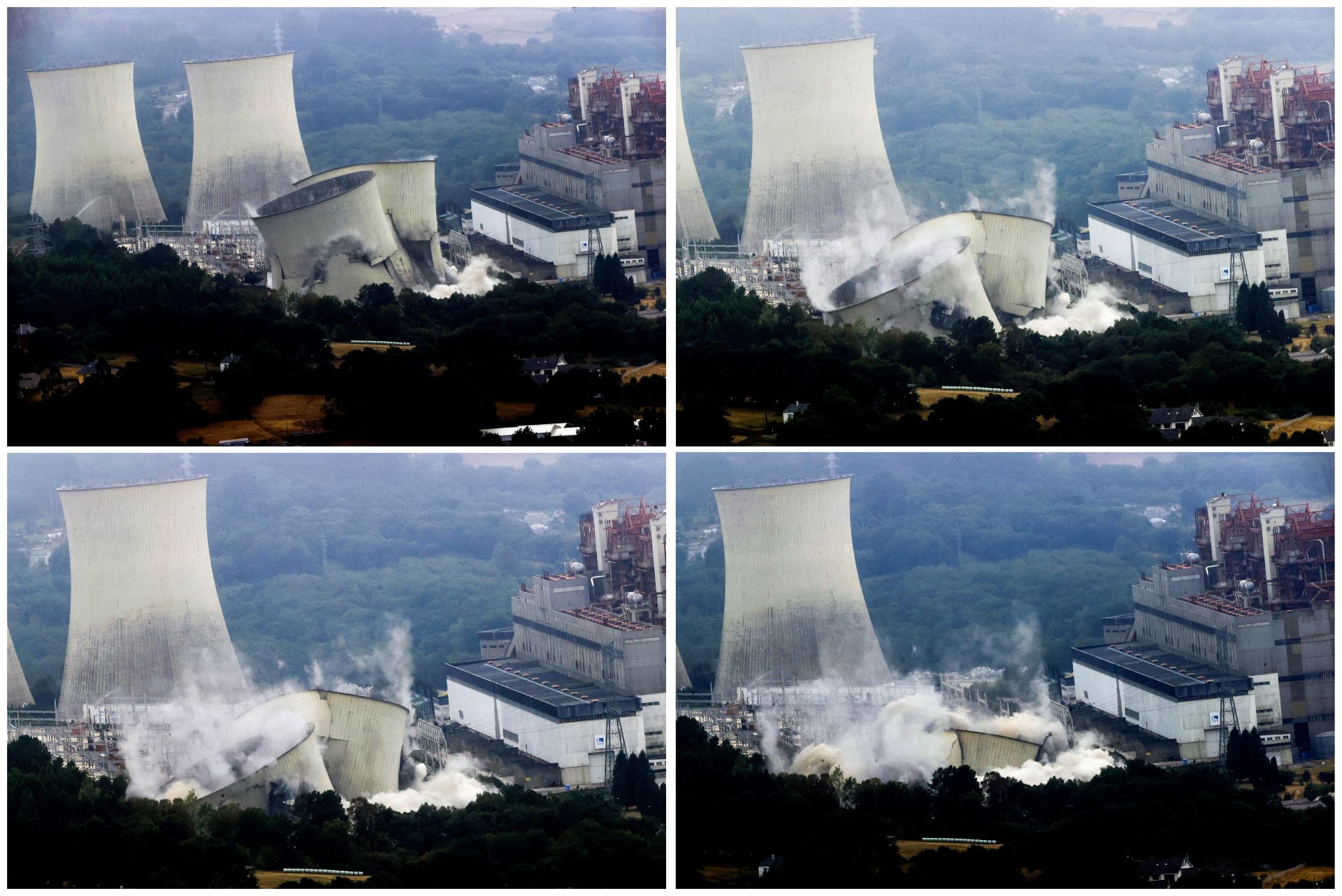 Han bastado minutos para la desaparición este jueves a partir de las cuatro de las 4 torres de refrigeración de la térmica de Endesa en As Pontes (A Coruña) y así España continúa despidiéndose de la quema de carbón, que registra aportes cercanos o exactos al 0 en el mix diario de Red Eléctrica. EFE/ Kiko Delgado