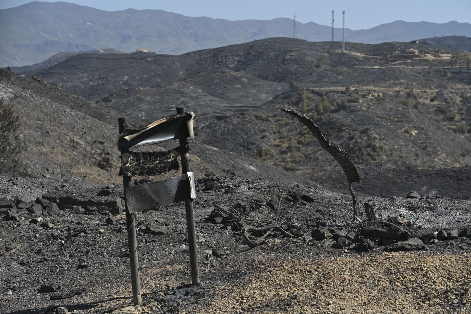 BÉDAR, (ALMERÍA), 13/07/2026.- Vista de los efectos del incendio este lunes, en Bédar (Almería). El perímetro del incendio forestal de Los Gallardos (Almería), estabilizado desde la mañana de este domingo y que se ha cobrado la vida de trece personas, se ha mantenido durante la última noche "sin crecimiento", en torno a las 7.000 hectáreas, y presenta ya una actividad "muy escasa". EFE/ Carlos Barba