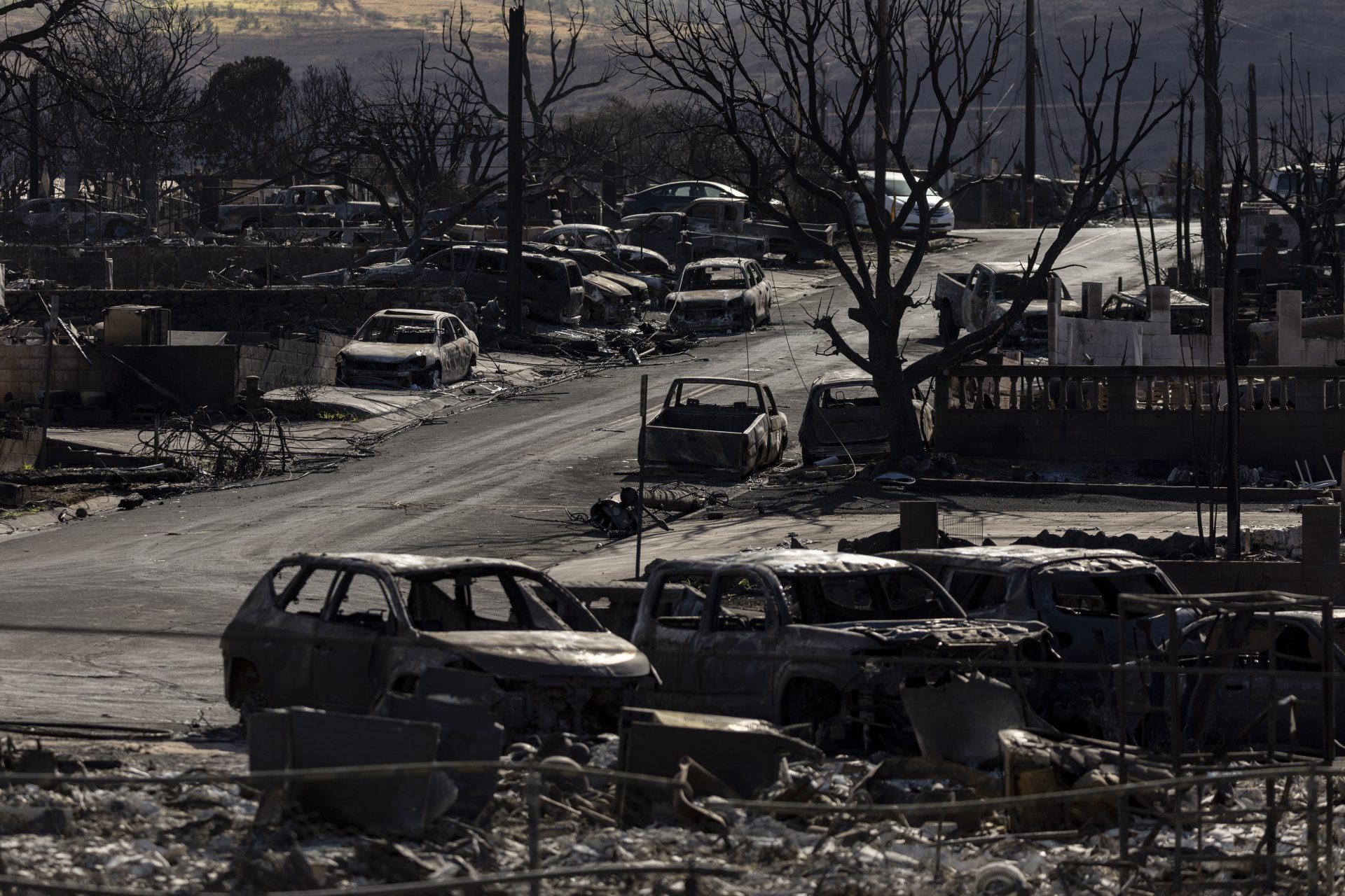 Lahaina (United States), 16/08/2023.- Damaged cars and houses in ruin are all that is left of a neighborhood after the Lahaina Fire swept through the city of Lahaina, Hawaii, USA, 16 August 2023. According to Maui County officials, at least 106 people were killed in the Lahaina wildfire that burnt in Maui, which is considered the largest natural disaster in Hawaii's state history. (Incendio, Estados Unidos) EFE/EPA/ETIENNE LAURENT