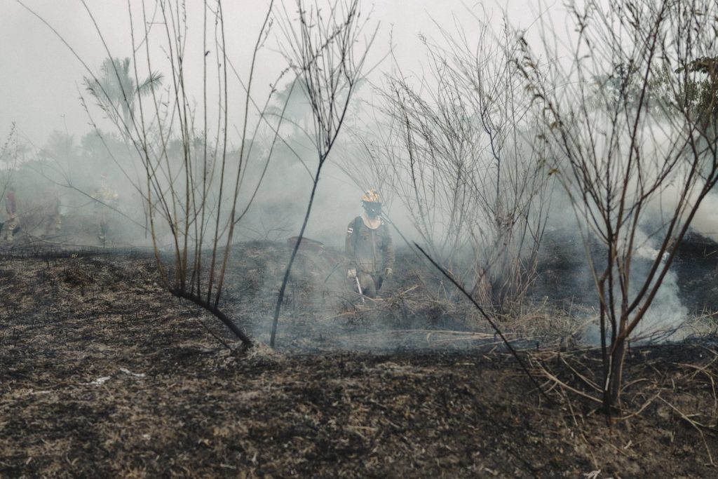 Un bombero trabaja para extinguir las llamas el pasado mes de septiembre en un incendio forestal en la región del Amazonas de Cacau Pirêra, Iranduba, región Metropolitana en Manaos (Brasil). EFE/ Raphael Alves