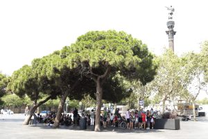 GRAFCAT2644. BARCELONA, 18/07/2023.- Varias personas se protegen del calor en la sombra de los árboles en el centro de Barcelona, este martes, cuando las temperaturas ya están escalando con intensidad en Cataluña esta mañana y ya se alcanzan los 40 grados en algunas localidades, pero que pueden aumentar ya que se prevé que hoy sea la jornada más tórrida del verano, con registros de récord. EFE/Quique García